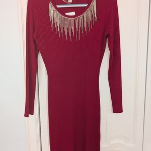 Red Embellished Scoop Neck Bodycon Midi Dress